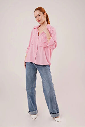 Yarasa Kol Çizgili Cep Detaylı Pembe Gömlek