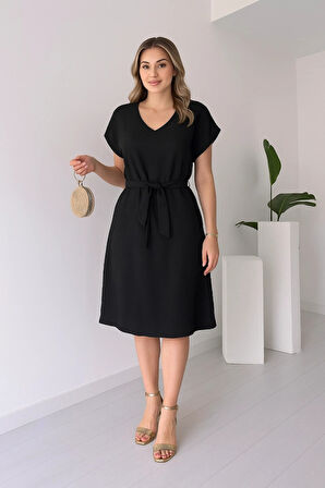 Kadın Kısa Kollu V Yakalı Beli Kuşaklı Ithal Keten Elbise