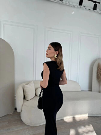 Kolsuz Uzun Likralı Elbise  iyah