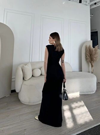 Kolsuz Uzun Likralı Elbise  iyah