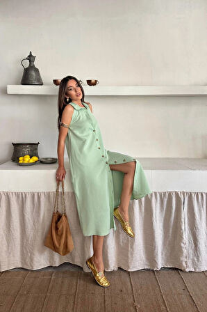 KETEN ÖNDEN DÜĞMELİ KOLUZ GÖMLEK YAKA ELBİE  Mint