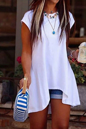 Kadın Kısa Kollu Asimetrik Viskon Kumaş Bluz