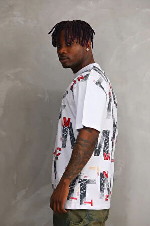 Unisex Baskılı Oversize Thirt  Beyaz