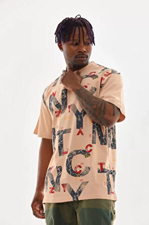 Unisex Baskılı Oversize Thirt  Bej