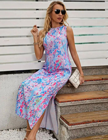 Kadın Askılı Yuvarlak Yaka Yandan Yırtmaçlı Uzun Süprem Elbise