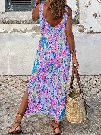 Kadın Askılı Yuvarlak Yaka Yandan Yırtmaçlı Uzun Süprem Elbise