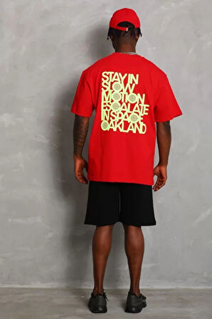 Unisex Oversize Baskılı Bisiklet Yaka Thirt  Kırmızı