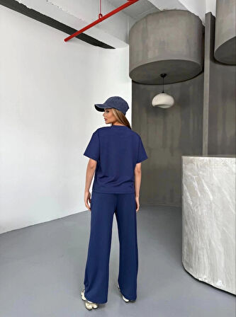 Osy odal Yumuşak Dokulu Kumaş Kısa Kollu Bluz Rahat Pantalon Ikili Takım acivert