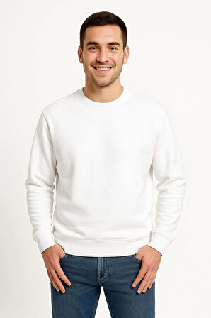 Erkek Üç İplik Düz Bisiklet Yaka weathirt  Beyaz