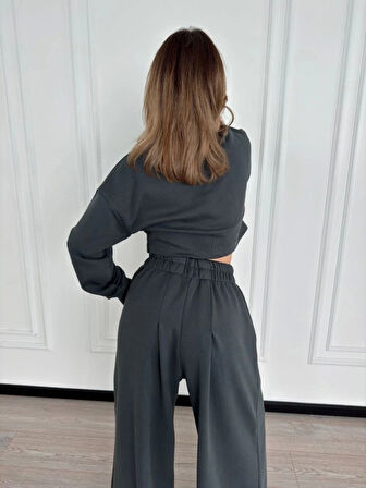 Uzun Kollu Önü İp Büzgülü Crop Ve Pantolon İkili Takım  Antrasit