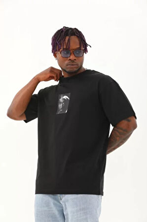 Unisex Oversize Baskılı Bisiklet Yaka Thirt  iyah