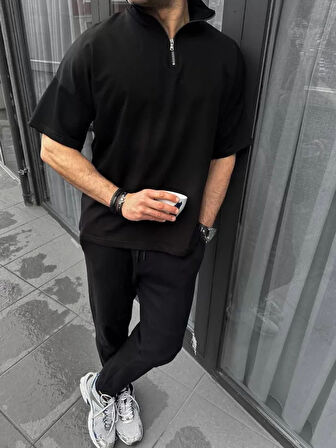 Unisex Yarım Fermuarlı Basic Thirt  iyah