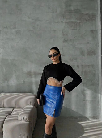 KAPİTONE DERİ ETEK YIRTAÇI  aks