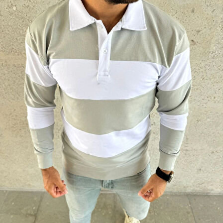 Erkek Polo Yaka Uzun Kollu Çizgili weatshirt Trend Rugby til  int Yeşili