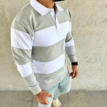 Erkek Polo Yaka Uzun Kollu Çizgili weatshirt Trend Rugby til  int Yeşili
