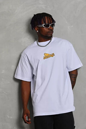 Unisex Bisiklet Yaka Baskılı Oversize Thirt  Beyaz