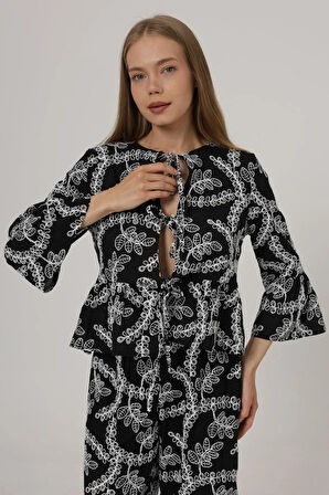 Fiyonk Bağlamalı Brode Bluz  Siyah