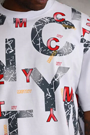 Unisex Baskılı Oversize Thirt  Beyaz