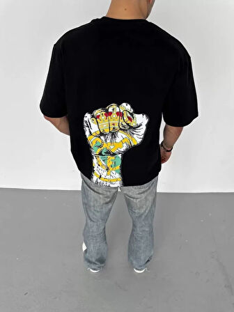 Unisex Bisiklet Yaka Baskılı Oversize Thirt  iyah