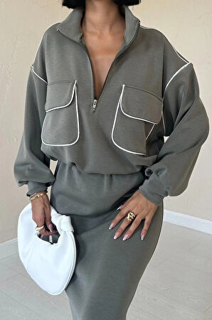 Haki Biyeli weatshirt Ve Etek Takım