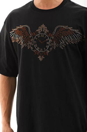 Unisex Oversize Taşlı Bisiklet Yaka Thirt  iyah