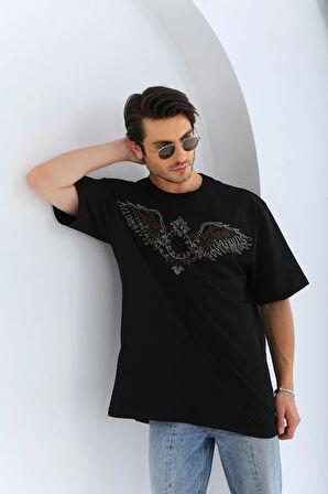 Unisex Oversize Taşlı Bisiklet Yaka Thirt  iyah