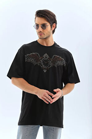 Unisex Oversize Taşlı Bisiklet Yaka Thirt  iyah