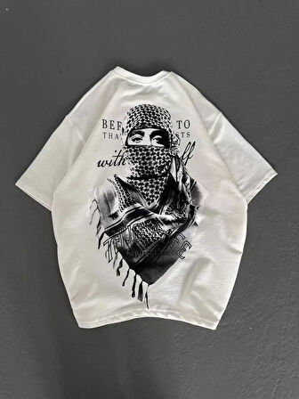 Unisex Baskılı Oversize Thirt  Beyaz