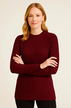 Bisiklet Yuvarlak Yaka Triko Kazak Pamuklu Kalın Fitilli Dokuma, Regular Fit Uzun Kollu Kışlık odel  Bordo