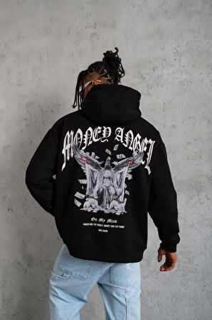 Erkek Kordon İpli Baskılı Kapüşonlu weatshirt  iyah