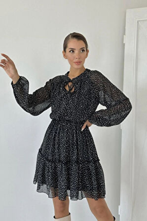 iyah Eteği Katlı Puantiyeli Elbise
