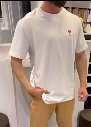 Unisex Bisiklet Yaka Baskılı Oversize Thirt  Beyaz