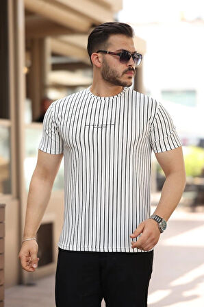 Erkek Dikey çizgili Ottoman Kumaş Kısa Kollu Tshirt