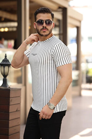 Erkek Dikey çizgili Ottoman Kumaş Kısa Kollu Tshirt