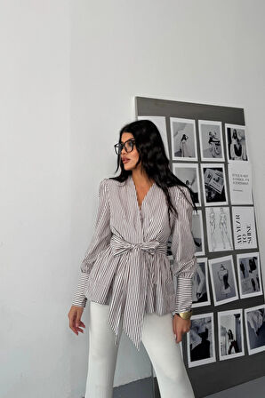 ÇİZGİİ BAĞAA DETAYI KRUVAZE POPİN GÖEK  Kahverengi