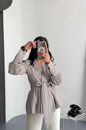 ÇİZGİİ BAĞAA DETAYI KRUVAZE POPİN GÖEK  Kahverengi