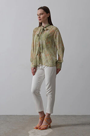 Yakası Fularlı Şifon Gömlek  Fıstık Yeşili