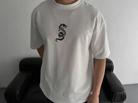 Baskılı Oversize Bisiklet Yaka Tshirt  Beyaz