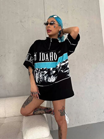Unisex Baskılı Yarım Fermuarlı Thirt  iyah