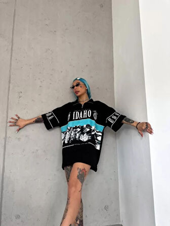 Unisex Baskılı Yarım Fermuarlı Thirt  iyah