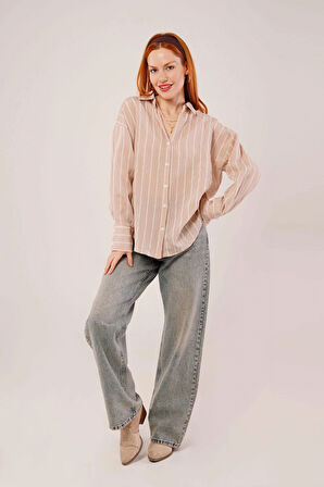 Kol Düğmeli Çizgili Bej Gömlek