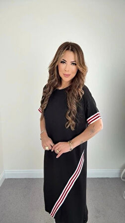 Kadın Kol Ve Etek şerit Detaylı idi Boy Elbise