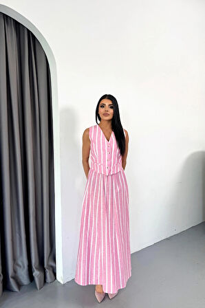 KETEN ÇİZGİLİ YELEK  UZUN ETEK TAKIM  Pembe