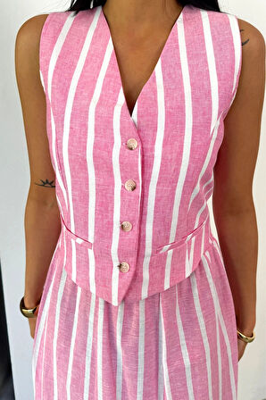 KETEN ÇİZGİLİ YELEK  UZUN ETEK TAKIM  Pembe