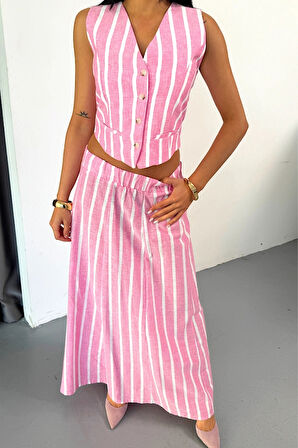 KETEN ÇİZGİLİ YELEK  UZUN ETEK TAKIM  Pembe