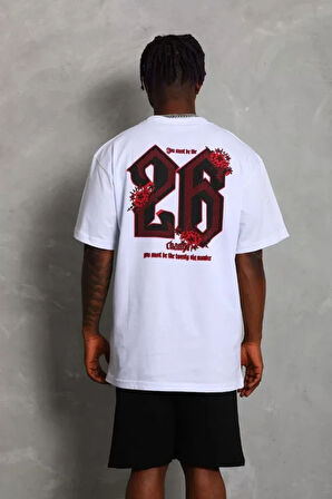 Unisex Oversize Baskılı Bisiklet Yaka Thirt  Beyaz