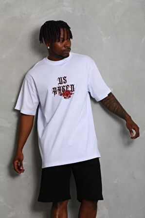 Unisex Oversize Baskılı Bisiklet Yaka Thirt  Beyaz