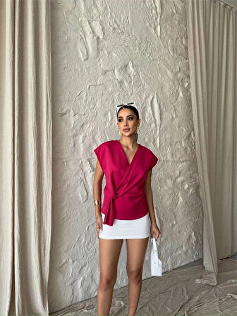 YANDAN BAĞLAA DETAYLI KOLUZ BLUZ  Fuşya