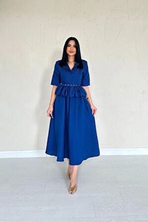 acivert İnce Kemerli Fırfırlı Ceket Ve Büzgülü Etek Takım