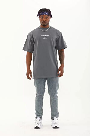 Unisex Oversize Baskılı Bisiklet Yaka Thirt  Füme